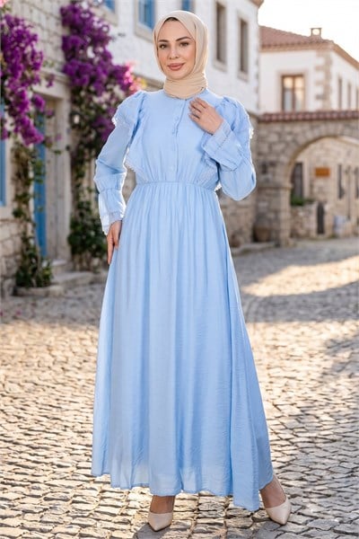 Fırfır Dantelli  Modal Astarlı Tül Elbise Bebe Mavisi  HNT8618