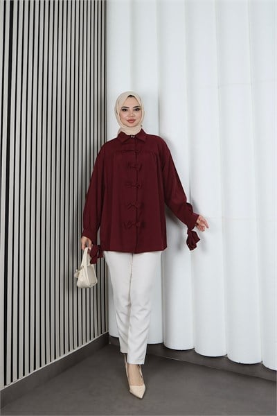 Fiyonk Detaylı Büzgülü Balon Kol Tunik Bordo   HNT2128