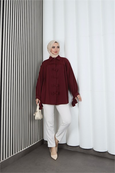 Fiyonk Detaylı Büzgülü Balon Kol Tunik Bordo   HNT2128