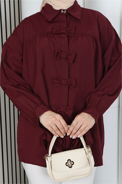 Fiyonk Detaylı Büzgülü Balon Kol Tunik Bordo   HNT2128
