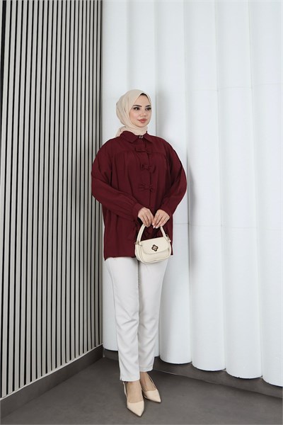 Fiyonk Detaylı Büzgülü Balon Kol Tunik Bordo   HNT2128
