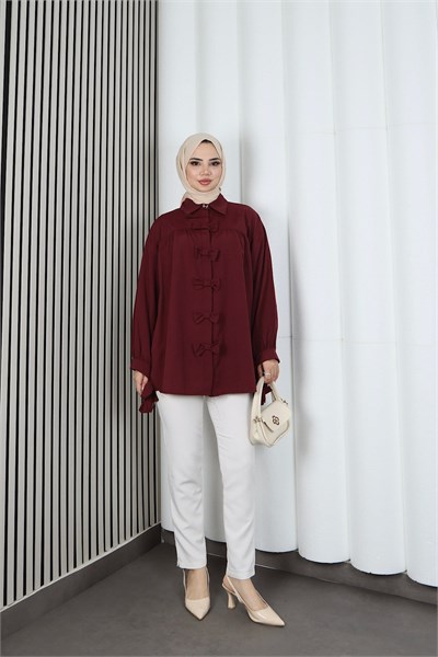 Fiyonk Detaylı Büzgülü Balon Kol Tunik Bordo   HNT2128