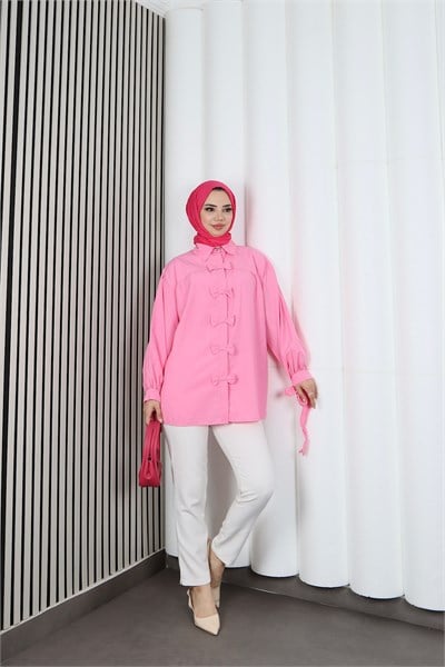 Fiyonk Detaylı Büzgülü Balon Kol Tunik Pembe   HNT2128