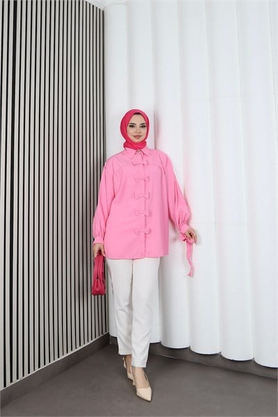 Fiyonk Detaylı Büzgülü Balon Kol Tunik Pembe   HNT2128