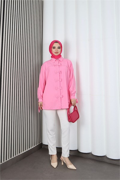 Fiyonk Detaylı Büzgülü Balon Kol Tunik Pembe   HNT2128