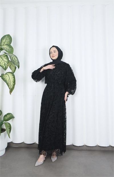 Flok Baskılı Astarlı Kuşaklı Tül Elbise Siyah HNT8565