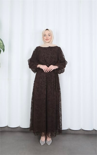 Flok Baskılı Astarlı Kuşaklı Tül Elbise Kahverengi HNT8565