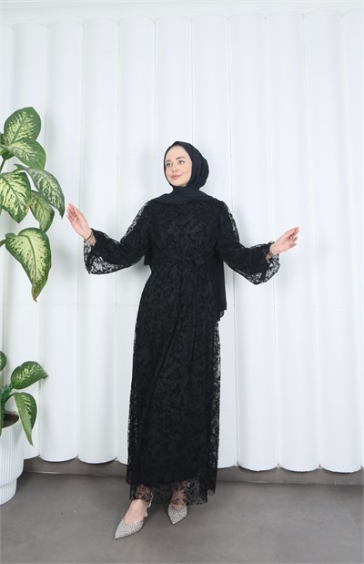 Flok Baskılı Astarlı Kuşaklı Tül Elbise Siyah HNT8565