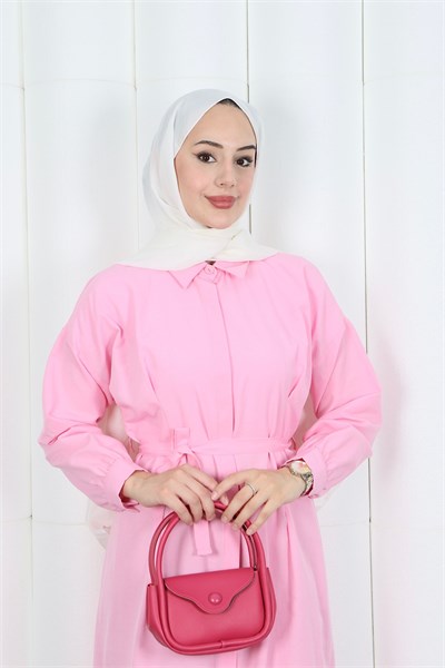 Gizli Pat Düğmeli Kuşaklı Terikoton Elbise HNT0316 Pembe