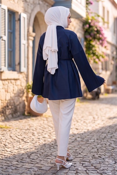 Gold Düğmeli Sık Piliseli Bağcıklı Tunik Lacivert  HNT21251