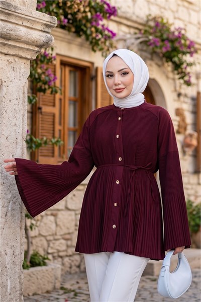 Gold Düğmeli Sık Piliseli Bağcıklı Tunik Bordo  HNT21251