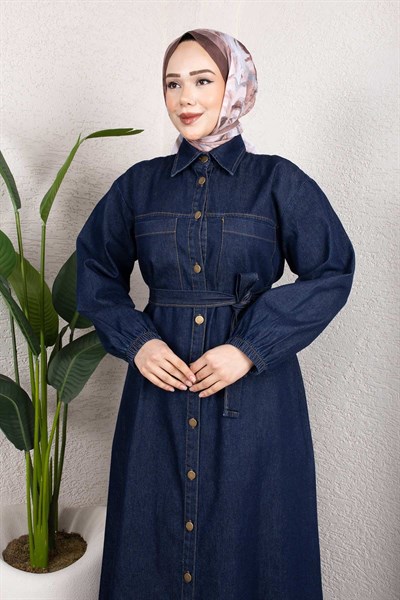 Gömlek Yaka Kemerli Denim Elbise – Uzun Tesettür Jean Model Koyu Mavi