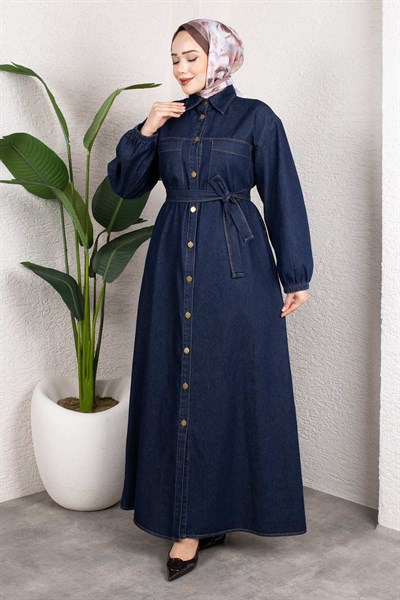 Gömlek Yaka Kemerli Denim Elbise – Uzun Tesettür Jean Model Koyu Mavi
