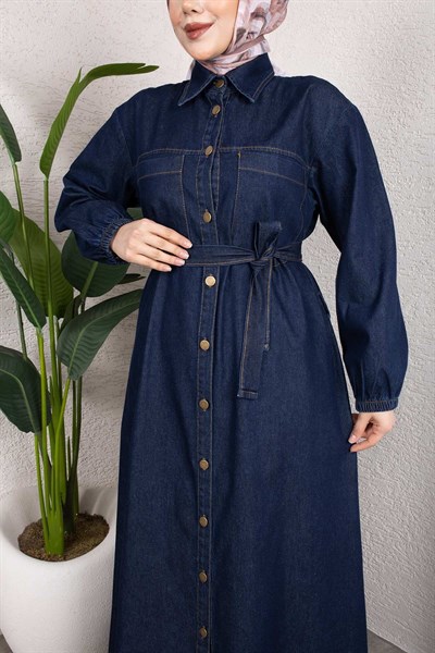 Gömlek Yaka Kemerli Denim Elbise – Uzun Tesettür Jean Model Koyu Mavi