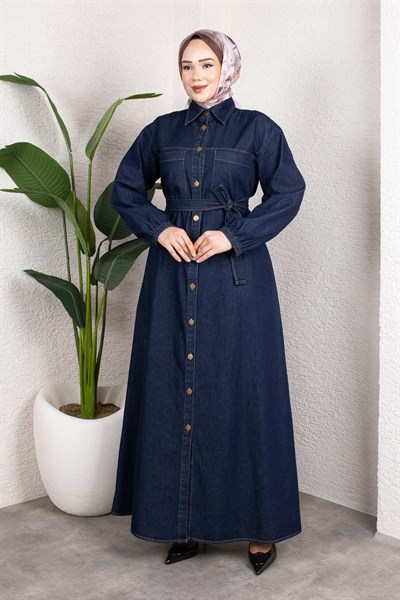 Gömlek Yaka Kemerli Denim Elbise – Uzun Tesettür Jean Model Koyu Mavi