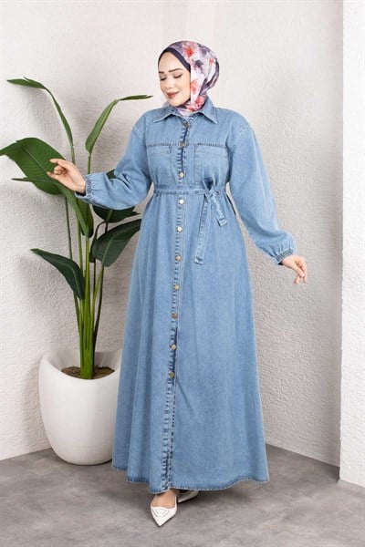 Gömlek Yaka Kemerli Denim Elbise – Uzun Tesettür Jean Model Açık Mavi