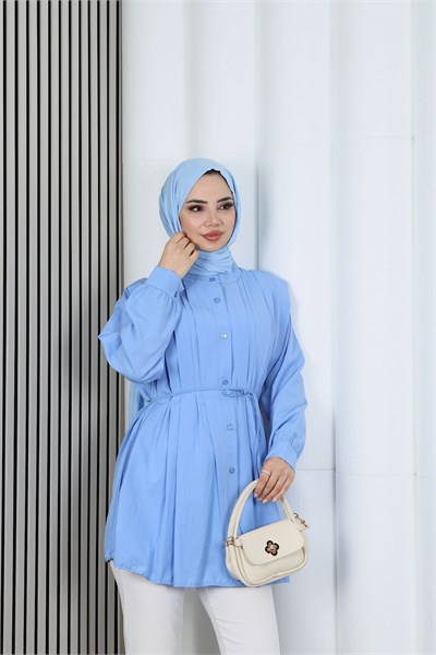 Hakim Yaka Pile Detaylı Düğmeli Tunik Bebe Mavisi  HNT2127
