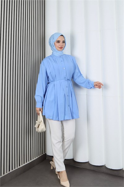 Hakim Yaka Pile Detaylı Düğmeli Tunik Bebe Mavisi  HNT2127