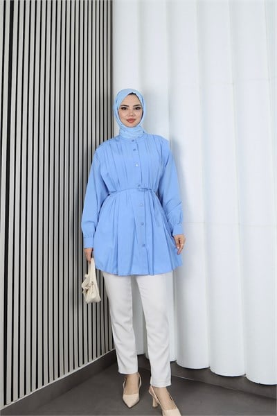 Hakim Yaka Pile Detaylı Düğmeli Tunik Bebe Mavisi  HNT2127