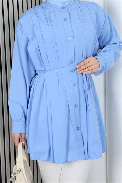 Hakim Yaka Pile Detaylı Düğmeli Tunik Bebe Mavisi  HNT2127