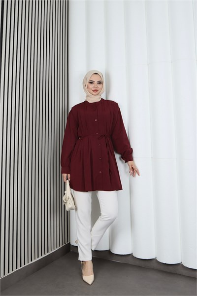 Hakim Yaka Pile Detaylı Düğmeli Tunik Bordo  HNT2127