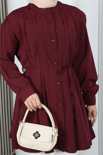 Hakim Yaka Pile Detaylı Düğmeli Tunik Bordo  HNT2127
