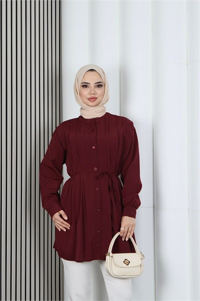 Hakim Yaka Pile Detaylı Düğmeli Tunik Bordo  HNT2127