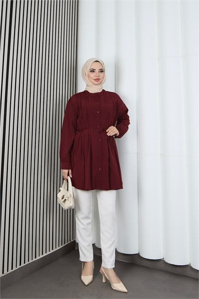 Hakim Yaka Pile Detaylı Düğmeli Tunik Bordo  HNT2127
