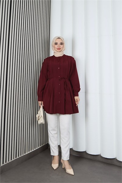 Hakim Yaka Pile Detaylı Düğmeli Tunik Bordo  HNT2127