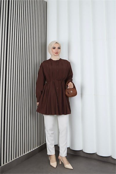Hakim Yaka Pile Detaylı Düğmeli Tunik Kahverengi HNT2127