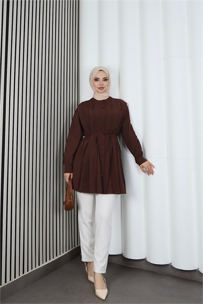Hakim Yaka Pile Detaylı Düğmeli Tunik Kahverengi HNT2127