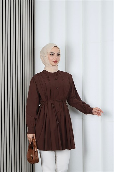 Hakim Yaka Pile Detaylı Düğmeli Tunik Kahverengi HNT2127