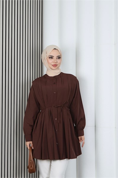 Hakim Yaka Pile Detaylı Düğmeli Tunik Kahverengi HNT2127