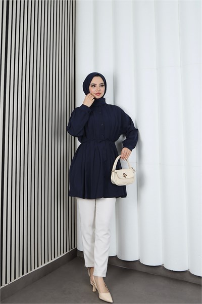Hakim Yaka Pile Detaylı Düğmeli Tunik Lacivert HNT2127