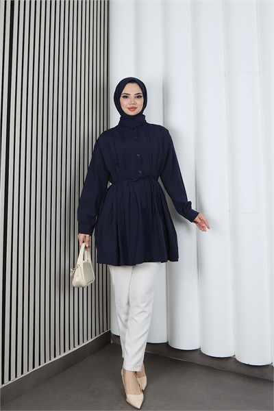 Hakim Yaka Pile Detaylı Düğmeli Tunik Lacivert HNT2127