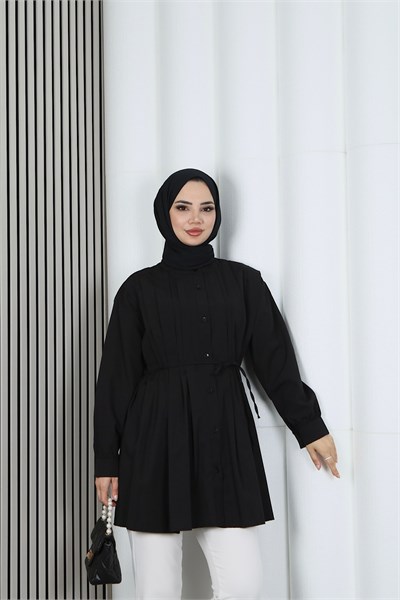 Hakim Yaka Pile Detaylı Düğmeli Tunik Siyah HNT2127