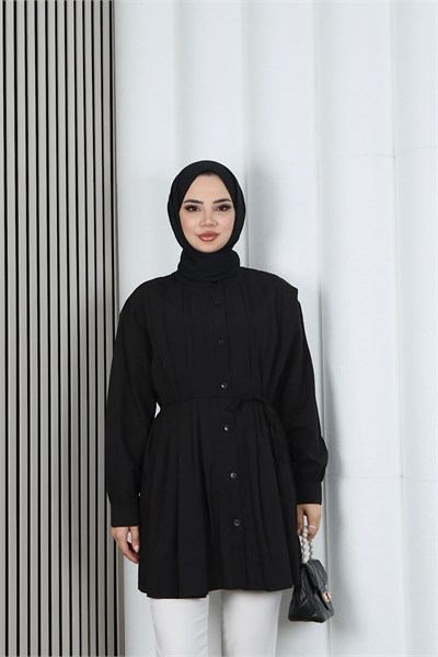 Hakim Yaka Pile Detaylı Düğmeli Tunik Siyah HNT2127