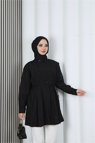 Hakim Yaka Pile Detaylı Düğmeli Tunik Siyah HNT2127
