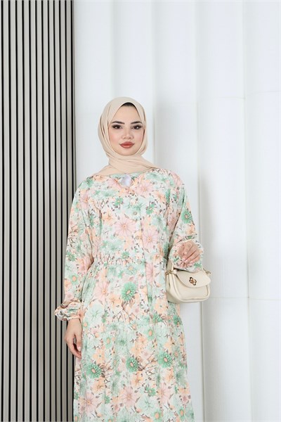 Kadın Modal Kumaş Çiçek Desenli Tesettür Yarım Pat Düğmeli Yazlık Elbise Yeşil HNT2130