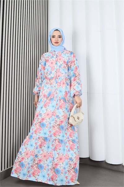 Kadın Modal Kumaş Çiçek Desenli Tesettür Yarım Pat Düğmeli Yazlık Elbise Bebe Mavisi   HNT2130