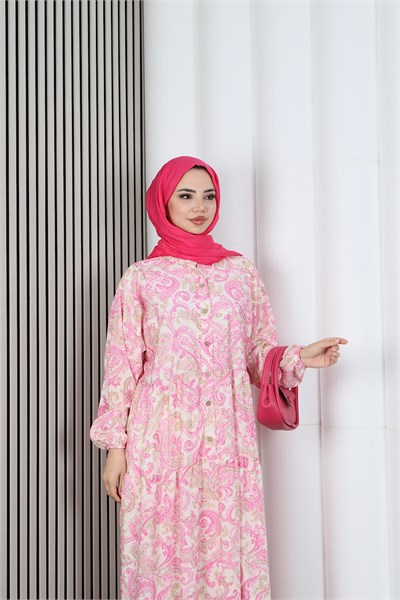 Kadın Modal Kumaş Şal Desen Tesettür  Yarım Pat Düğmeli  Yazlık Elbise Pembe HNT2131