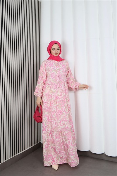 Kadın Modal Kumaş Şal Desen Tesettür  Yarım Pat Düğmeli  Yazlık Elbise Pembe HNT2131