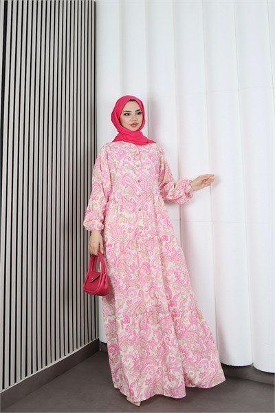 Kadın Modal Kumaş Şal Desen Tesettür  Yarım Pat Düğmeli  Yazlık Elbise Pembe HNT2131