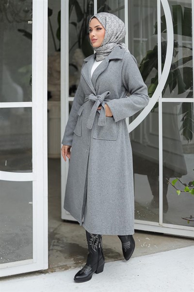 Kapak Detaylı Kaşe Kaban Gri