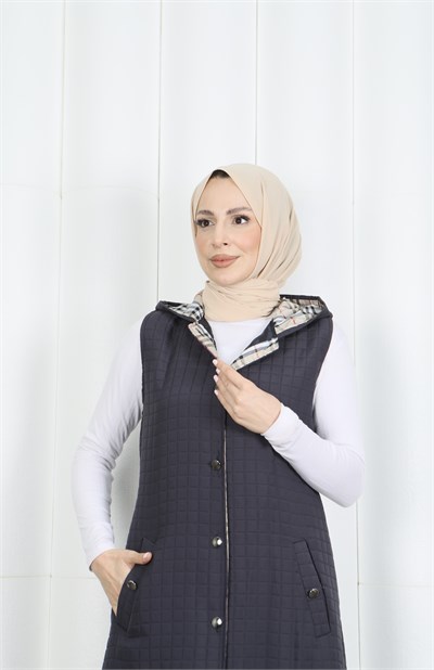 Kapüşon içi Ekose  Desen Detaylı Yelek Koyu Gri  HNT8568