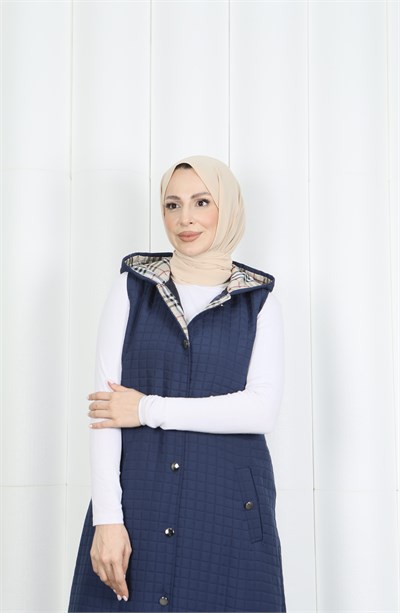 Kapüşon içi Ekose  Desen Detaylı Yelek Lacivert  HNT8568