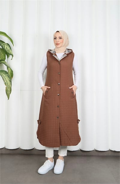 Kapüşon içi Ekose  Desen Detaylı Yelek Taba  HNT8568