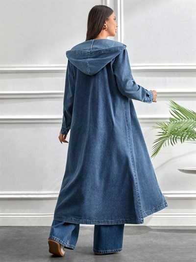 Kapüşonlu Kot Elbise | Uzun Kesim Cepli Modern Stil
