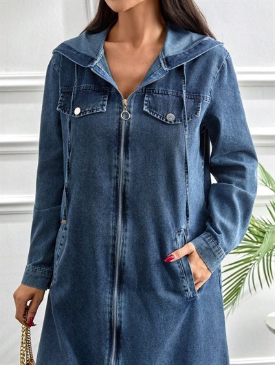 Kapüşonlu Kot Elbise | Uzun Kesim Cepli Modern Stil