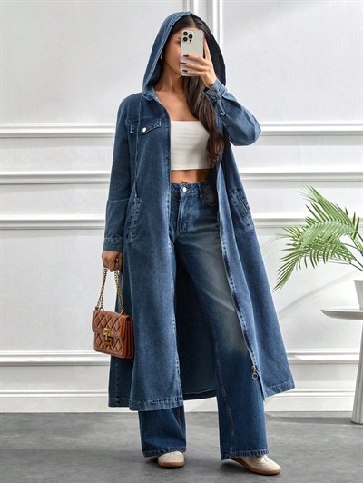 Kapüşonlu Kot Elbise | Uzun Kesim Cepli Modern Stil
